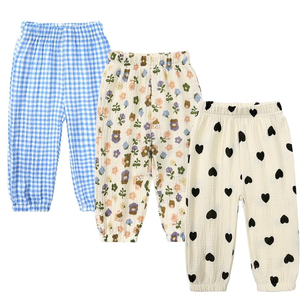 MYGBCPJS Baby Boys Girls 3 Pack Cotton Linen Long Bloomers Ankle Length Trousers Kids Lightweight Elastic Waist Harem Pants