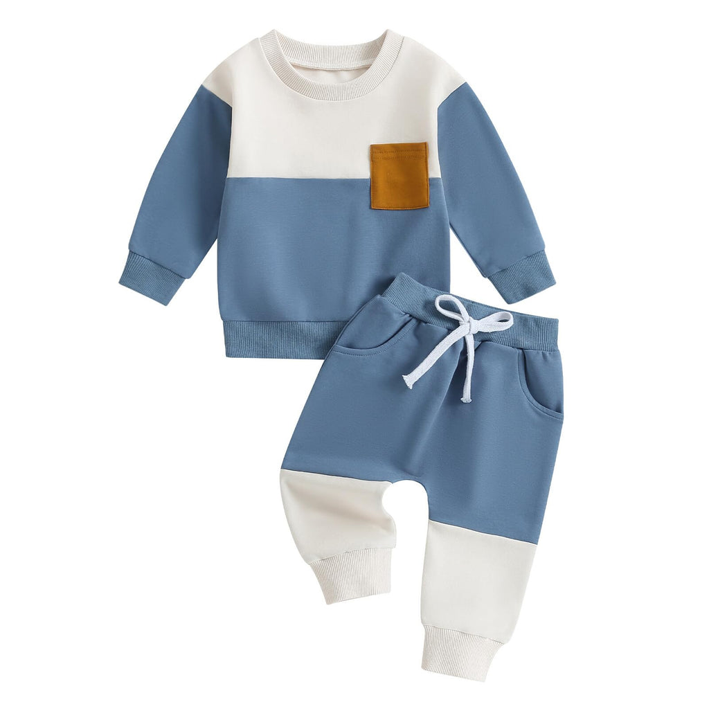 Kupretty Baby Boy Outfit Color Block Sweatshirt Pants Set Blue White 4-5Y