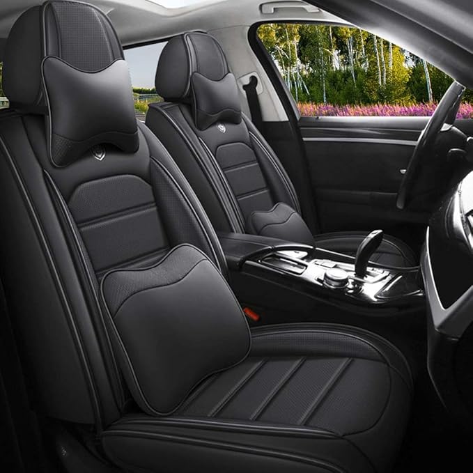 Leather Seat Cover for Ford Edge 2010-2026,Waterproof Soft Seat Covers,Interior Accessories Seat Covers Cushion Vehicle Protector Airbag Compatible(Classic Black,Full Set with Pillow)