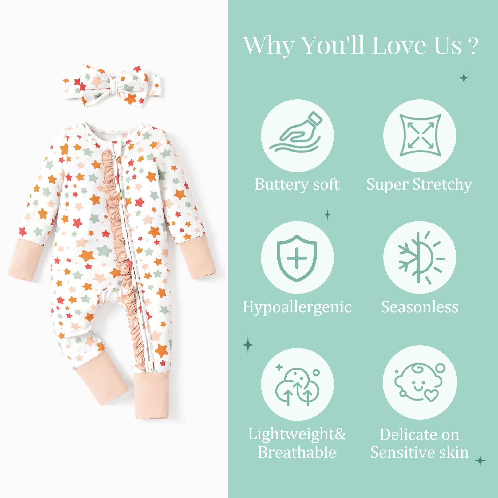 PATPAT Baby Girl Infant Clothes Footie – Soft Viscose from Bamboo, Stretch Feel – 2-Way Ruffled Zipper, Fold-Over Mittens & Cuffs Little Stars Newborn