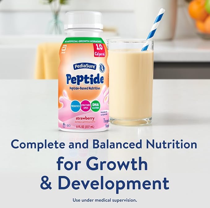 PediaSure Peptide 1.0 Cal, Peptide-Based Formula, Sole-Source Nutrition Drink for Tube Feeding or Oral Nutrition, Strawberry, 8-fl-oz Bottle, Pack of 24