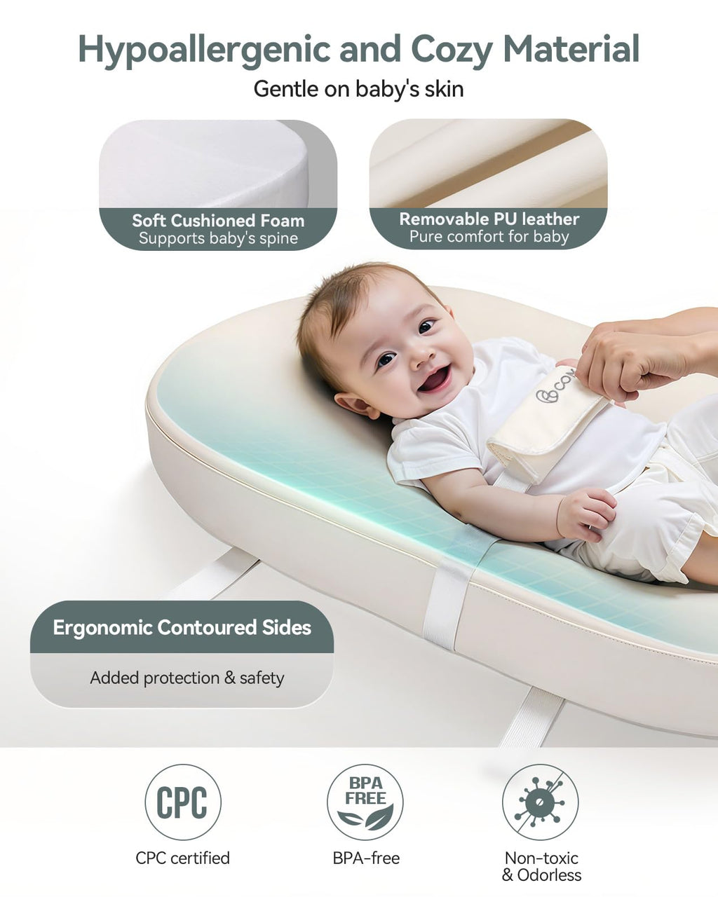 COMOMY Baby Changing Pad with Wipeable & Waterproof PU Cover, Contoured Diaper Changing Pad for Dresser with Non-Slip Safety Belt, Portable and Lightweight, Large Cushioned Foam, Beige