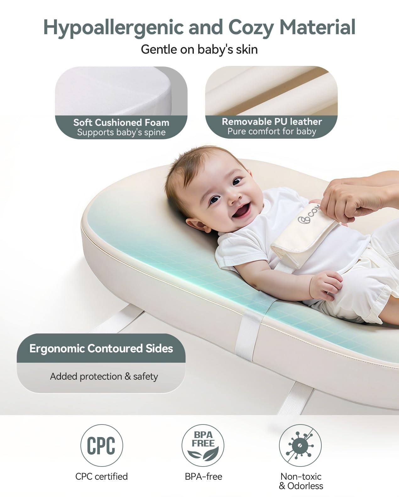 COMOMY Baby Changing Pad with Wipeable & Waterproof PU Cover, Contoured Diaper Changing Pad for Dresser with Non-Slip Safety Belt, Portable and Lightweight, Large Cushioned Foam, Beige