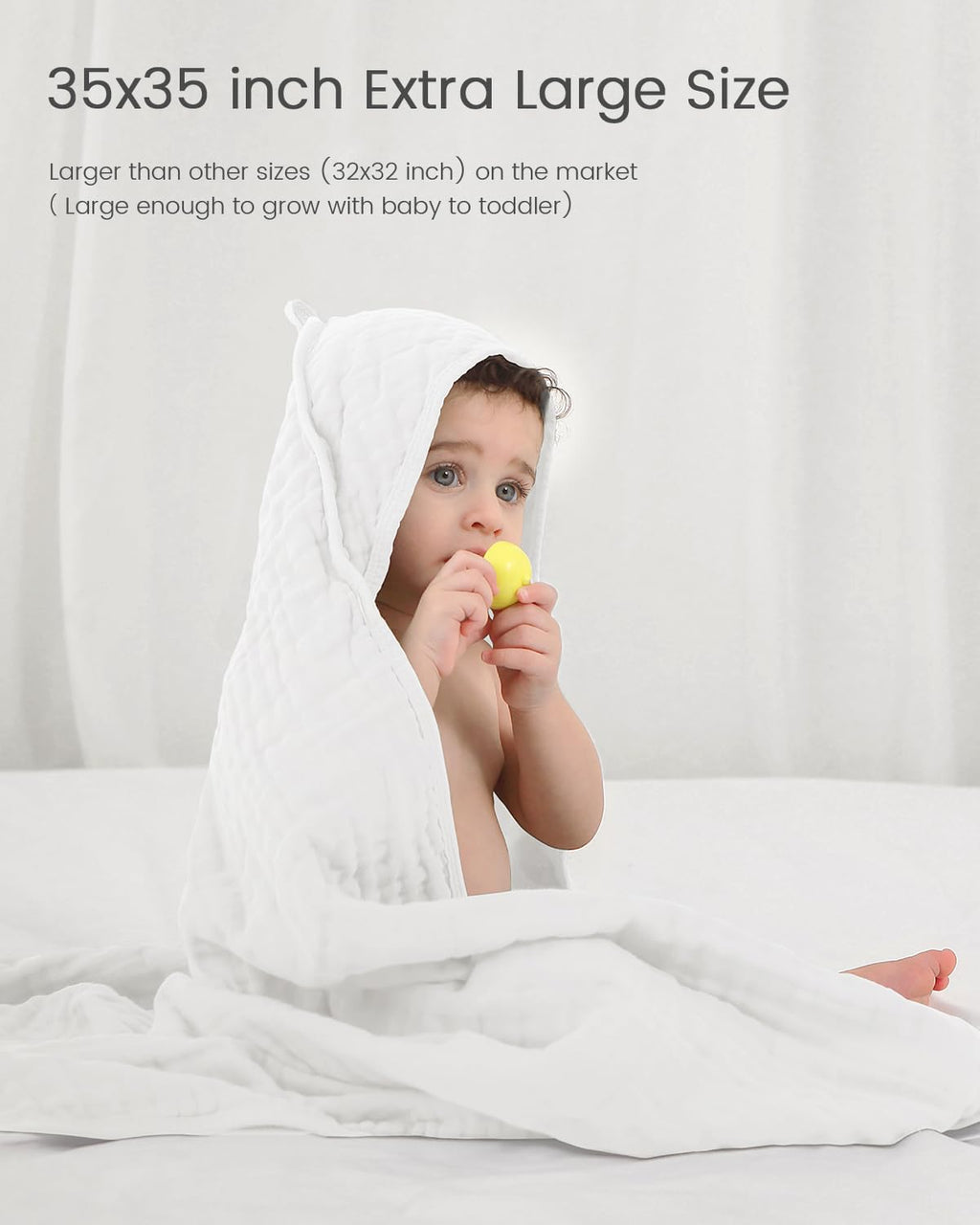 FAVERDIIY Newborn Hooded Baby Towels, 35x35 Inch 2 Pack 100% Muslin Cotton Baby Bath Towel, Soft Baby Beach Towels with Hood for Infants, Toddlers and Kids, (White + Beige)