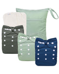 babygoal AWJ Cloth Diapers with Tummy Panel Pack of 7, 3 Diaper Cover with 3 Inserts and Wet Dry Bag, Adjustable Washable Reusable for Baby Girls and Boys