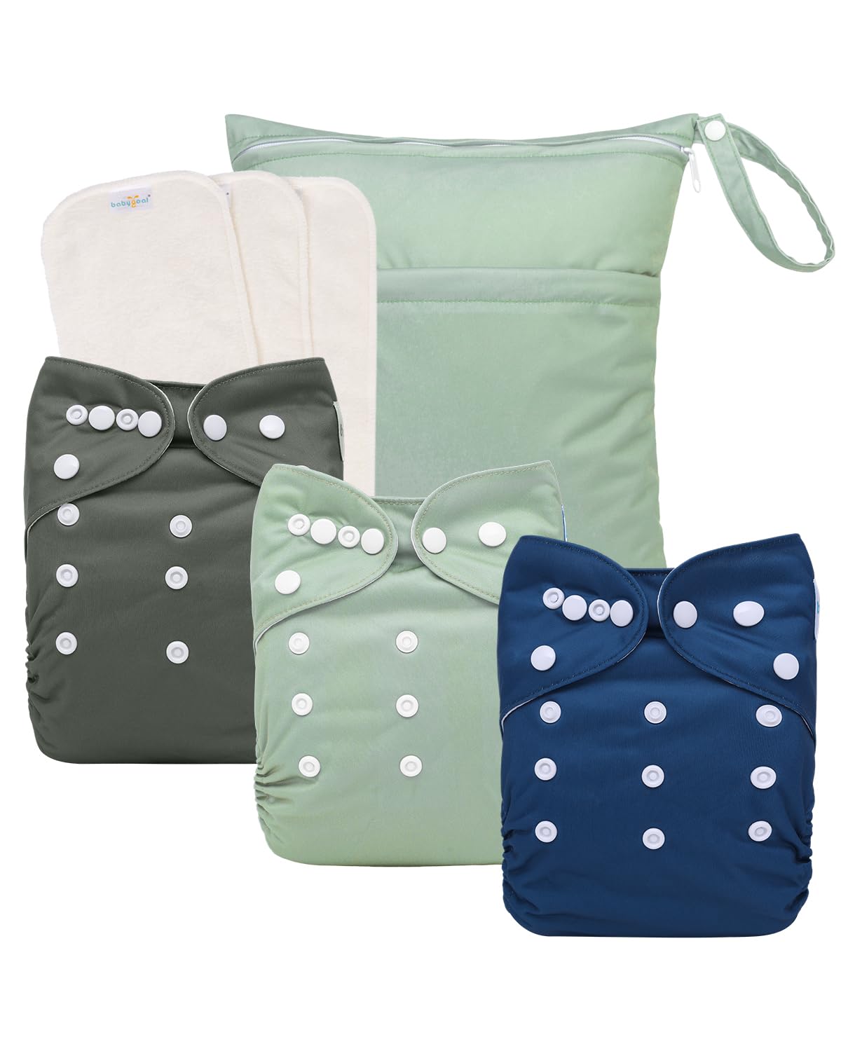 babygoal AWJ Cloth Diapers with Tummy Panel Pack of 7, 3 Diaper Cover with 3 Inserts and Wet Dry Bag, Adjustable Washable Reusable for Baby Girls and Boys
