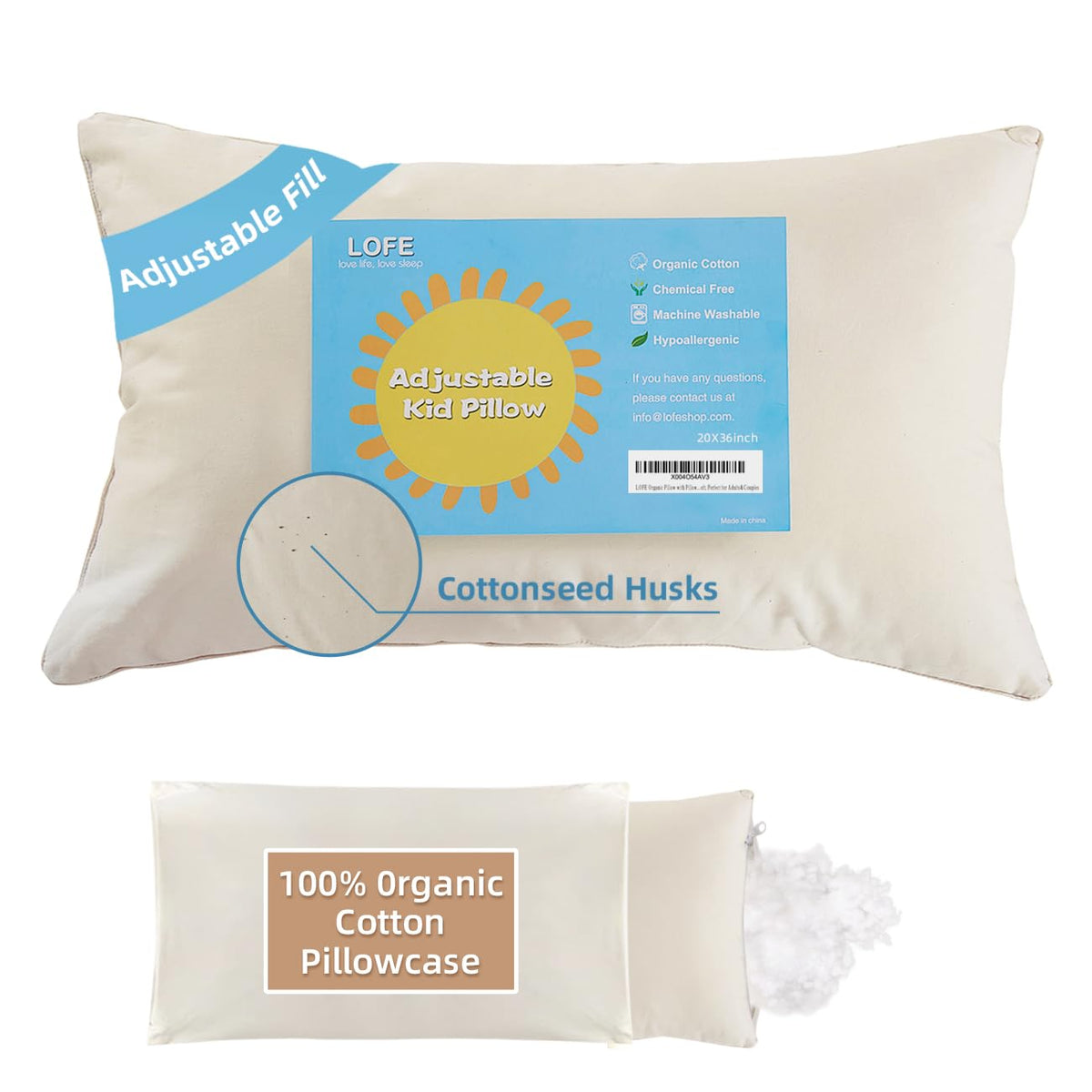 LOFE Adjustable Kids Pillow for Ages 4-12 with Organic Cotton Pillowcase