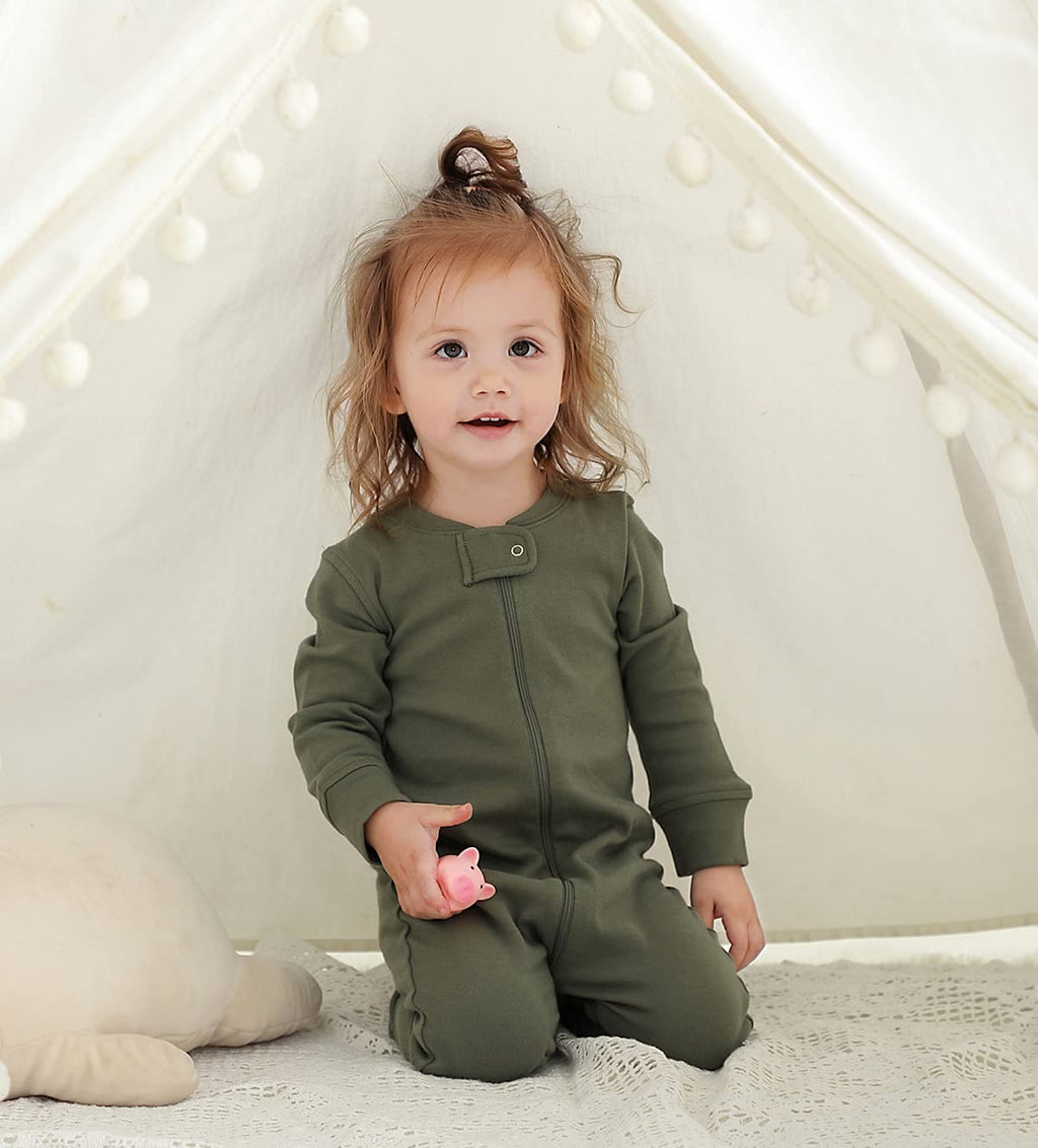 Owlivia Organic Cotton Baby Boy Girl Zip up Sleep N Play, Footless, Long Sleeve(12-18 Months, Dark Grey Melange & Olive Green)