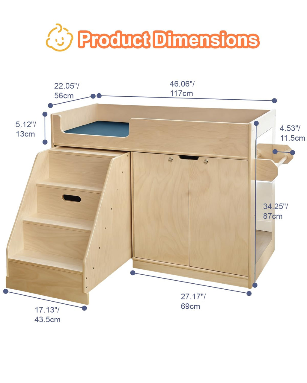 kidi house Wooden Baby Changing Table with Stairs, Mirror & Storage