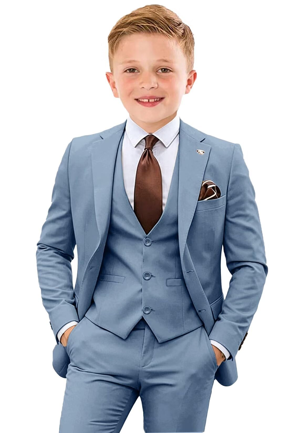 Blue Suits for Toddler Boys Formal 4 Piece Set Wedding Tuxedo Suit Slim Fit Ring Bearer Outfit Blazer Vest Pants with Tie Size 7