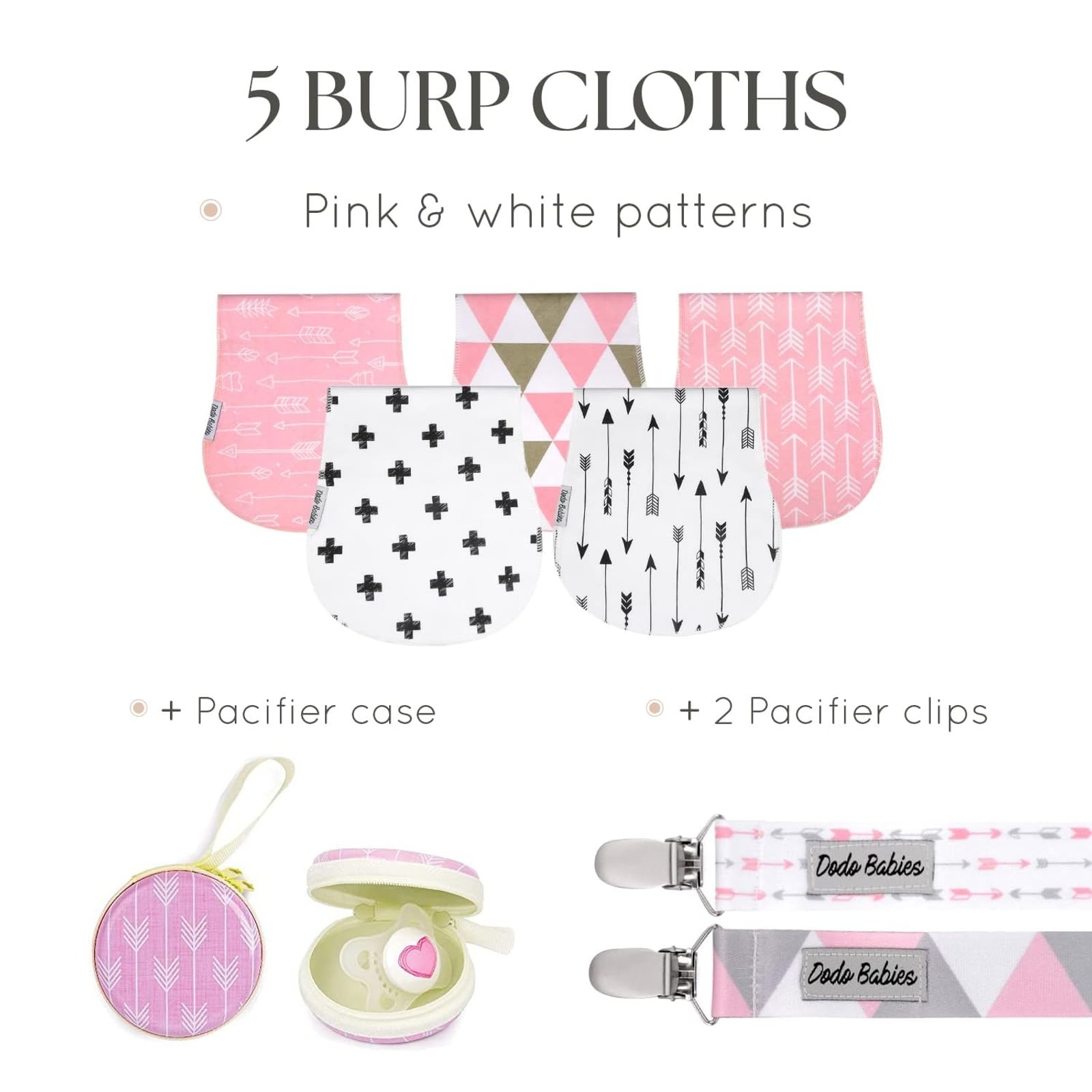 Dodo Babies Burp Cloths for Babies - Soft Cotton Front & Fleece Back - Contoured Fit for Newborn Essentials - Pack of 5, 2 Pacifier Clips, Pacifier Case, 19 x 9 in