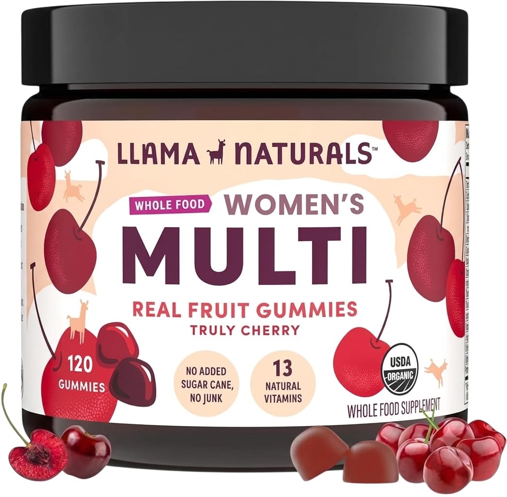 Llama Naturals Multivitamin for Women & Men, Vegan, Organic Gummies with Vitamin D, C & K, Adults Real Fruit Gummy Vitamins, Chewable Multivitamin Supplement, No Added Sugar Cane, Strawberry, 120 Ct