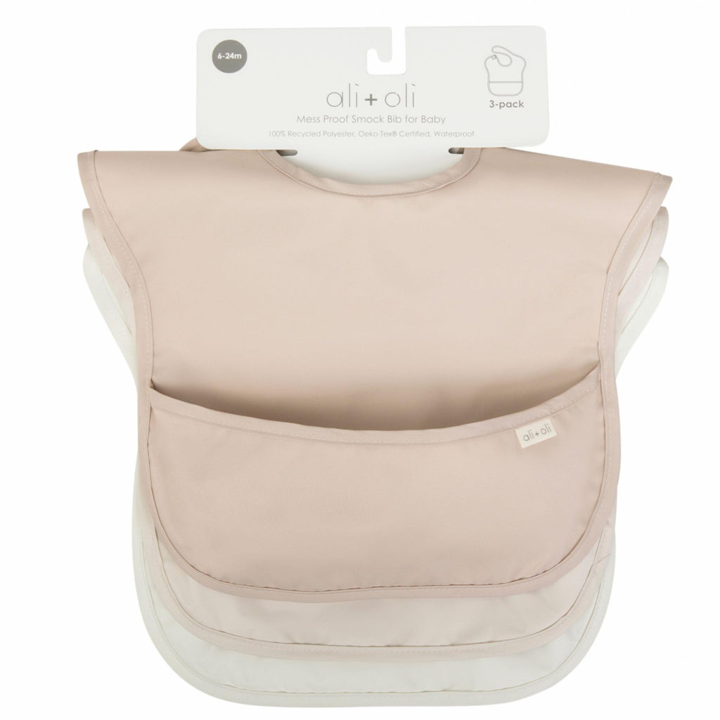Ali+Oli Smock Bib for Baby (3-pc) Sleeveless Set (Neutral) BPA-Free Oeko-Tex Certified, Mess Proof Baby Bib for Eating, Waterproof Baby Smock, Machine Washable, Toddlers Ages 6m+