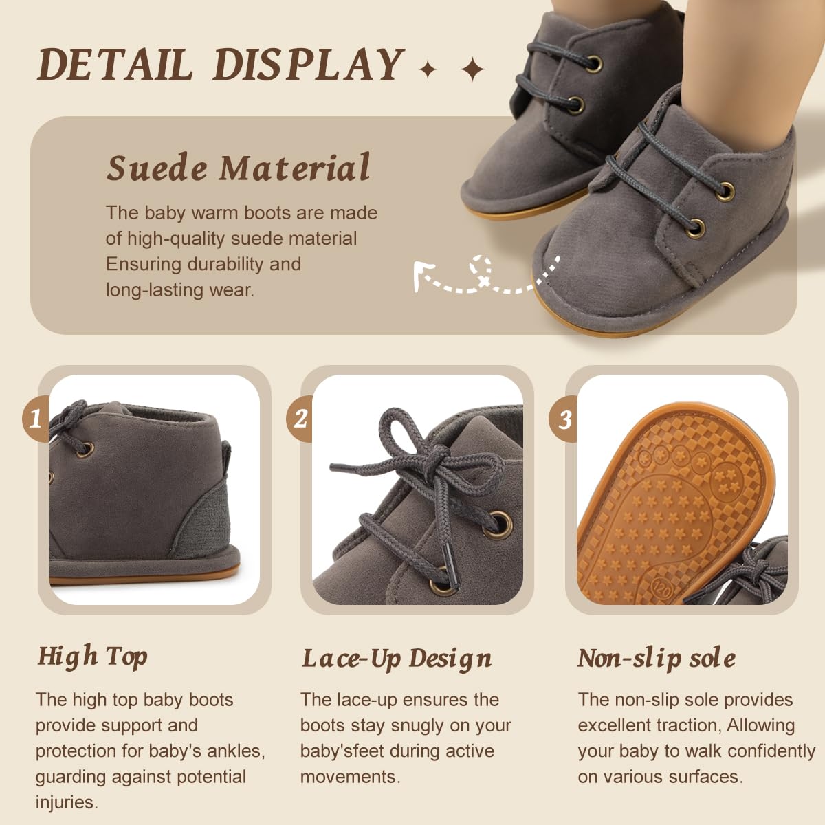 Zoolar Baby Unisex Warm Snow Boots Newborn Leather Fur Lace Up Ankle Anti-Slip Rubber Texture Sole Toddler Prewalker Winter Crib Shoes