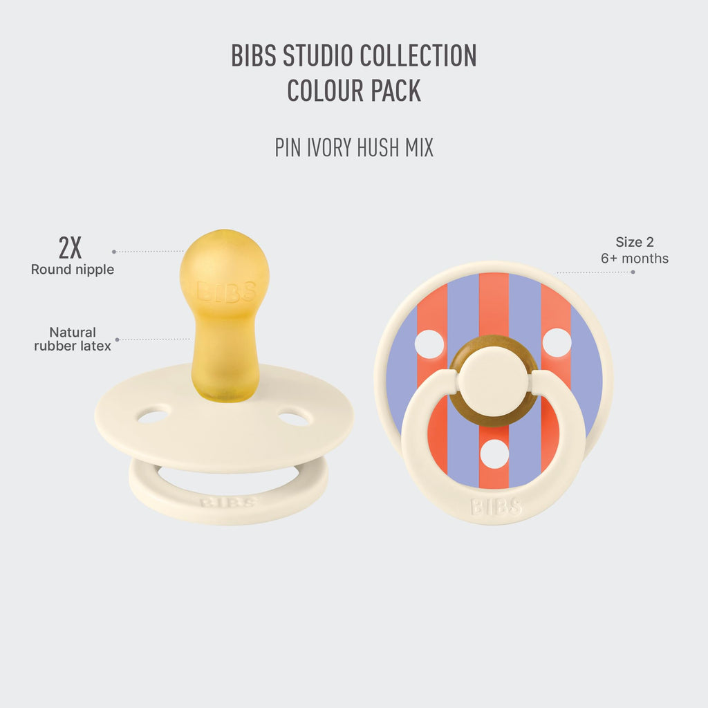 BIBS Colour Pacifier, 6-18 Months, 2-Pack, Round Nipple, Pin Ivory