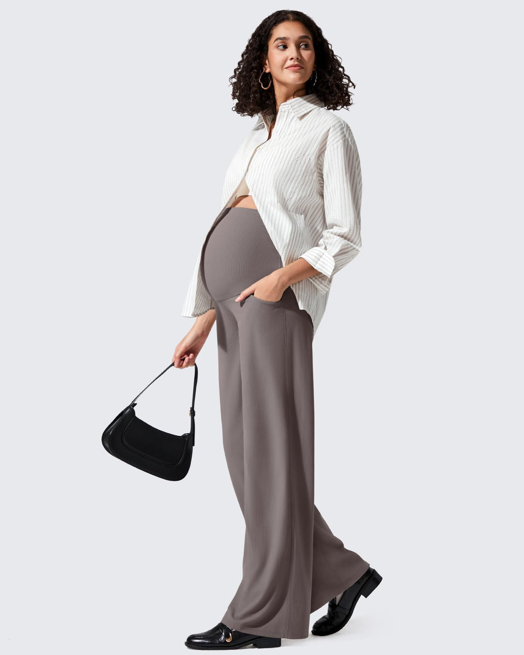 G4Free Maternity Pants for Women Over The Belly Stretchy Wide Leg Yoga Pants Pregnancy Trousers with Pockets(Taupe,M,Regular)