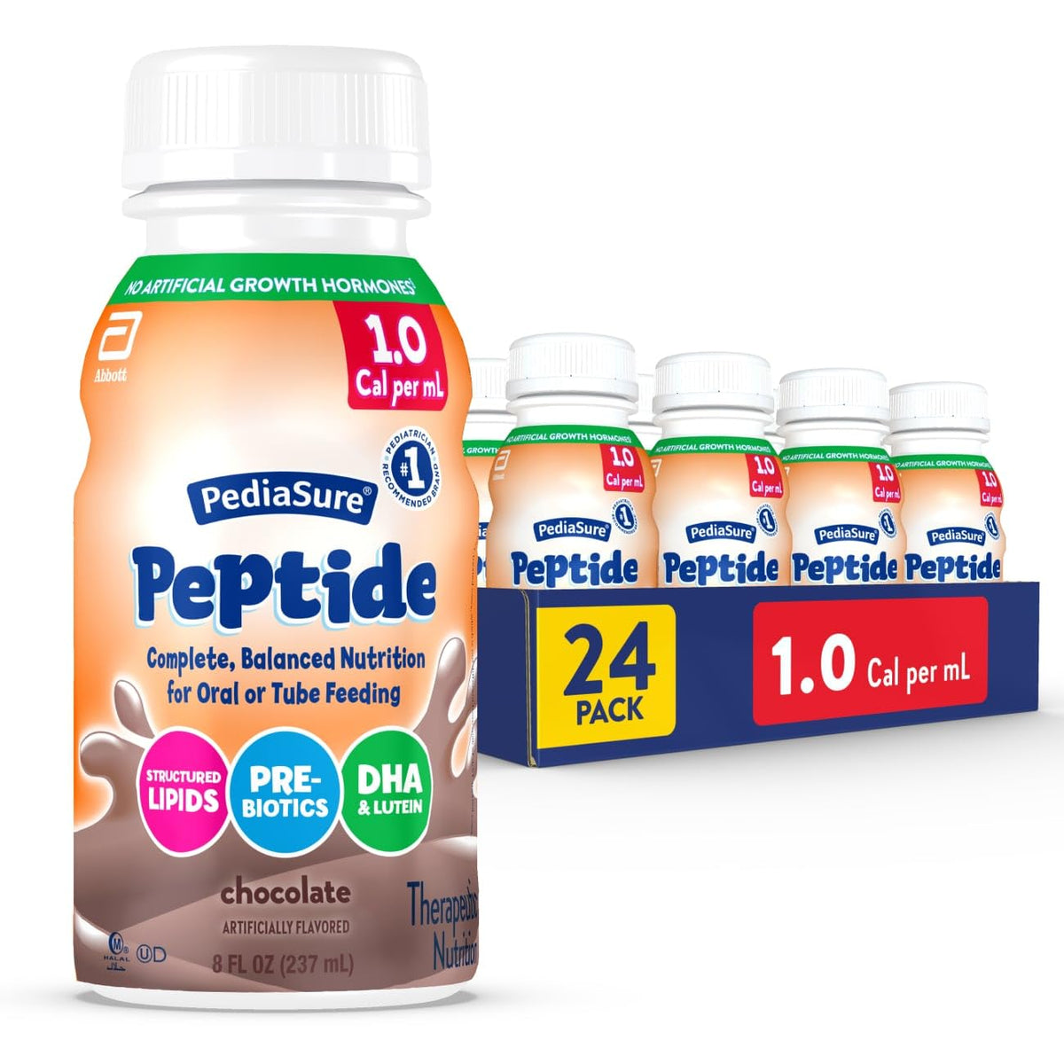 PediaSure Peptide 1.0 Cal,24 Count,Complete,Balanced Nutrition for Kids with GI Conditions,Peptide-Based Formula,with 7g Protein and Prebiotics,for Oral or Tube Feeding,Chocolate,8-fl-oz Bottle