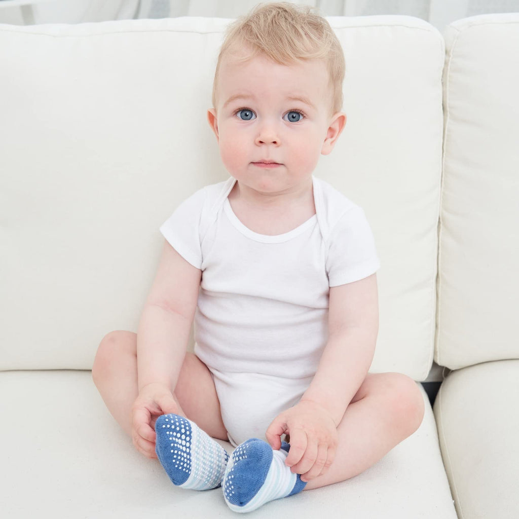 ZAPLES Baby Boys Non Slip Grip Ankle Socks with Non Skid Soles for Infants Toddlers Kids, Boy Stripes, 4-7 Years