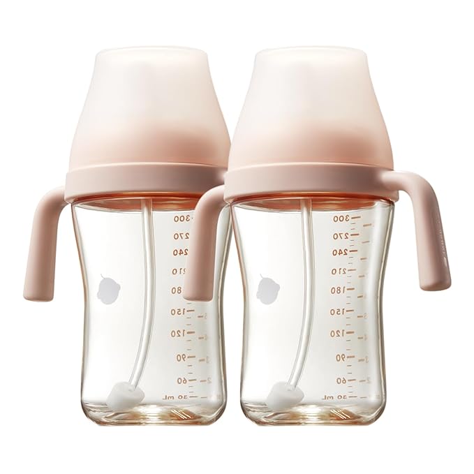 Bc babycare Sippy Cup Learner for 6+ Month Old with Nipples & Handles, Spill Proof Sippy Cup, Weighted Straw Toddler Cups, Anti-Choking Baby Cups,2 Pack Pink