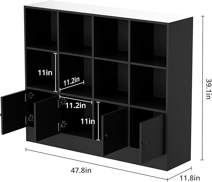 Black Bookshelf, Wood Bookcase with 3 Tier Shelves, 12 Cube Storage Organizer with Doors for Bedroom, Living Room, 47.8" W x 39.1" H
