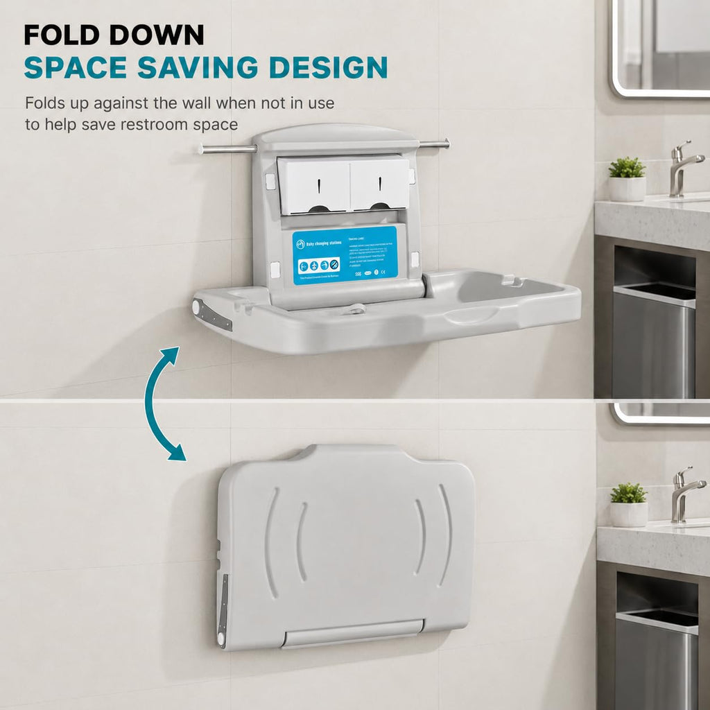 Baby Changing Station Wall Mounted: Horizontal Diaper Changing Table Foldable Diaper Tables with Safety Strap, ADA Complaint for Commercial Bathroom/Nursery/Public Restroom