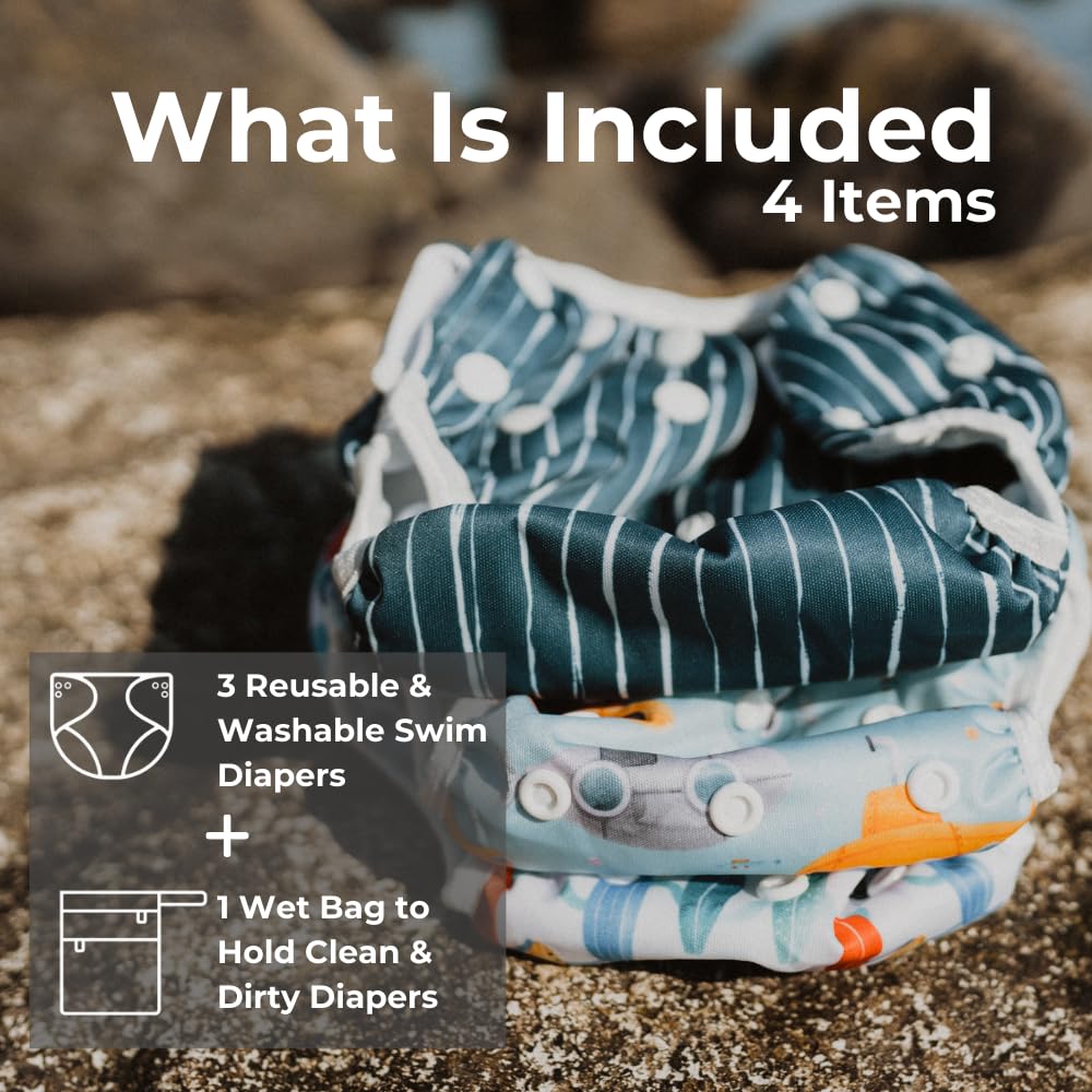 Nora's Nursery Reusable Swim Diapers and Wet Bag - One Size Fully Adjustable - Seaside Unisex 3 Pack with Wet Bag