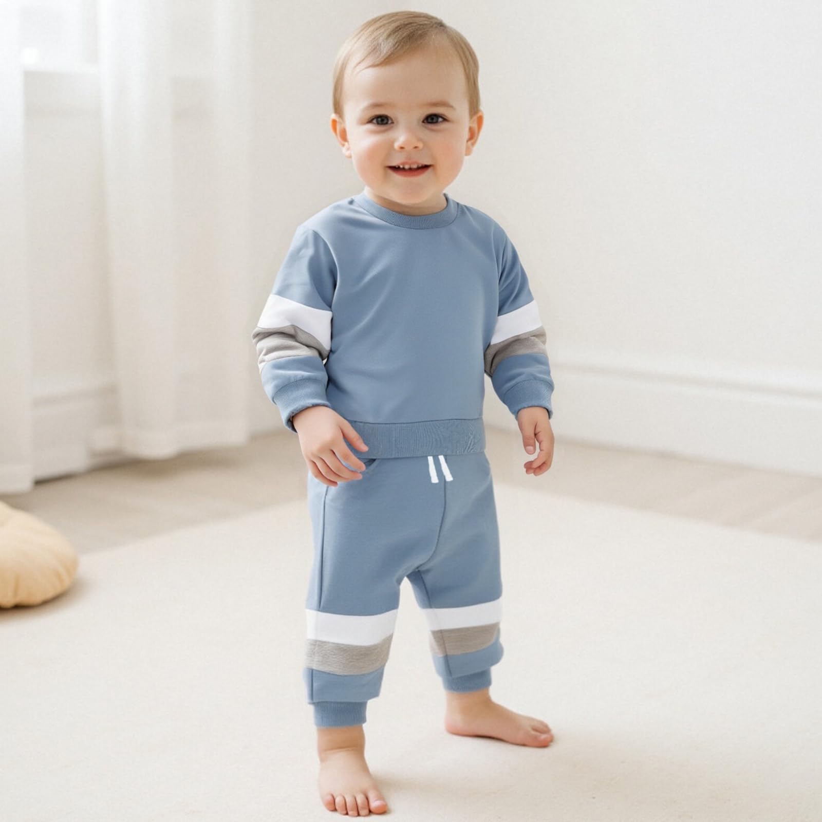 Kupretty Toddler Baby Boy Color Block Sweatshirt Pants Light Blue 6-12M