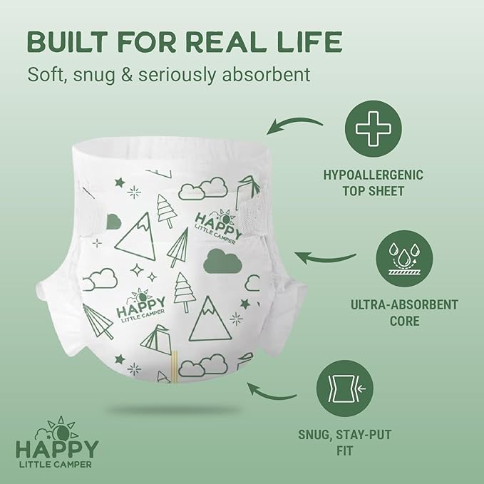 Happy Little Camper Super Saver Diapers, Size 3, 25 Count | Budget-Friendly Disposable Baby Diapers for Sensitive Skin | Hypoallergenic, Fragrance-Free, Ultra Absorbent