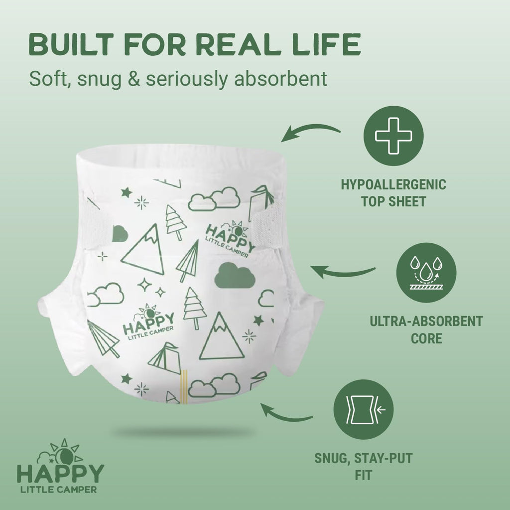 Happy Little Camper Super Saver Diapers, Size 3, 100 Count | Budget-Friendly Disposable Baby Diapers for Sensitive Skin | Hypoallergenic, Fragrance-Free, Ultra Absorbent