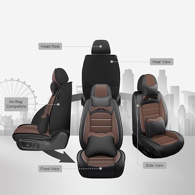 JOJ Car Seat Cover Fit for Toyota Highlander 2001-2025,7 Seat Car Seat Cover,No-Slip Waterproof Breathable Faux Leather Automotive Seat Covers Auto Interior Covers,Full Set with Pillow,Black Coffee