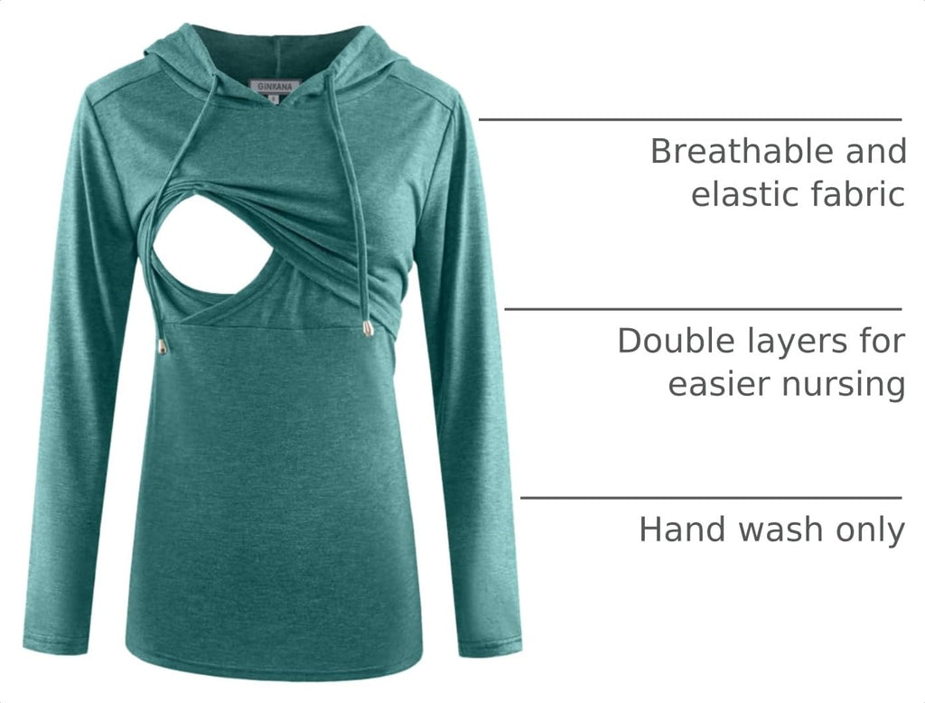 GINKANA Women's Nursing Tops Pullover Hoodie Sweatshirt Long Sleeves Breastfeeding Maternity Shirts Casual Clothes,1-Turquoise,L