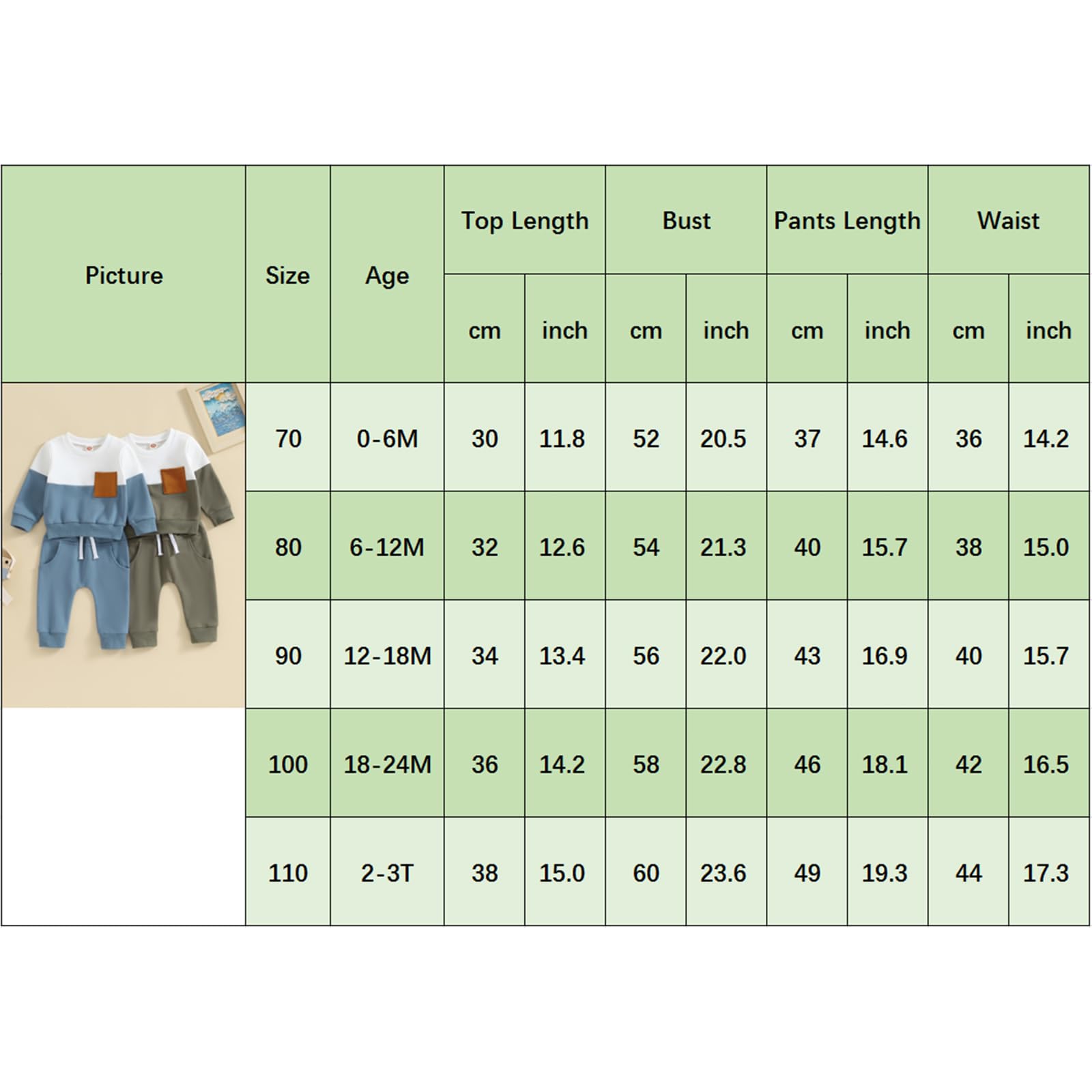 Lucikamy Toddler Baby Boy Fall Outfits Long Sleeve Crew Neck Pullover Sweatshirt + Jogger Pants Set Infant Winter Clothes (Army Green Blue Patchwork, 0-6 Months)