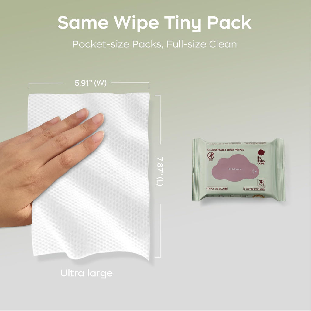 Bc Babycare Cloud Moist Baby Travel Wipes, 6 Pack, On The Go Pocket Size, Ultra Thick, 99% Water, Unscented, Hypoallergenic for Sensitive Skin, Biodegradable