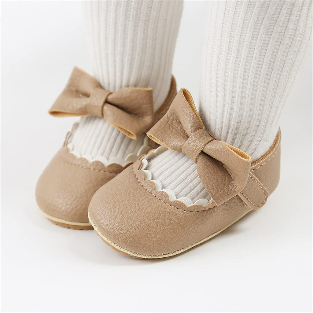 COSANKIM Baby Girls Mary Jane Flats Shoes Anti-Slip Rubber Sole Infant Toddler Princess Wedding Dress Shoes（3-6 Months Infant,K/Beige）