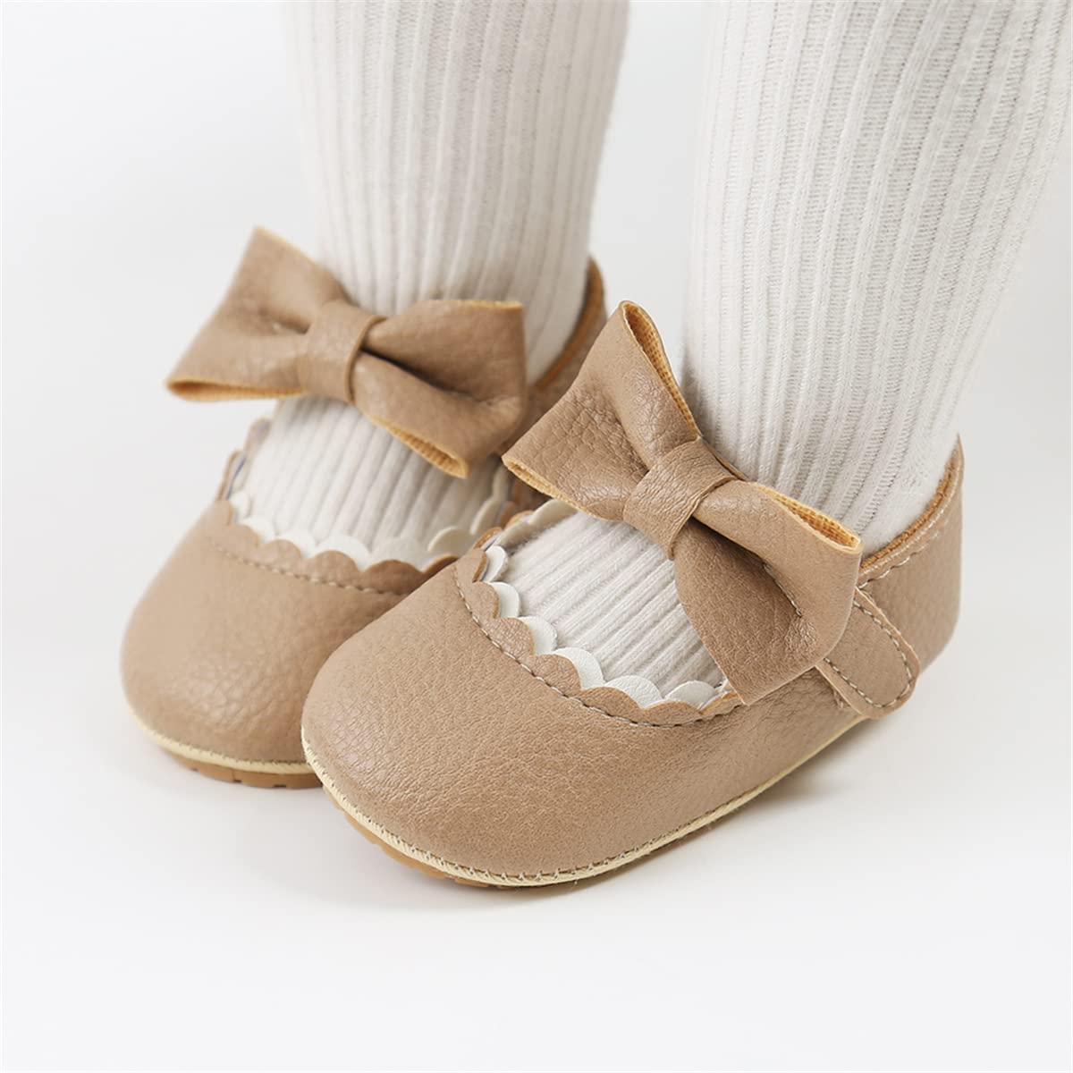COSANKIM Baby Girls Mary Jane Flats Shoes Anti-Slip Rubber Sole Infant Toddler Princess Wedding Dress Shoes（3-6 Months Infant,K/Beige）