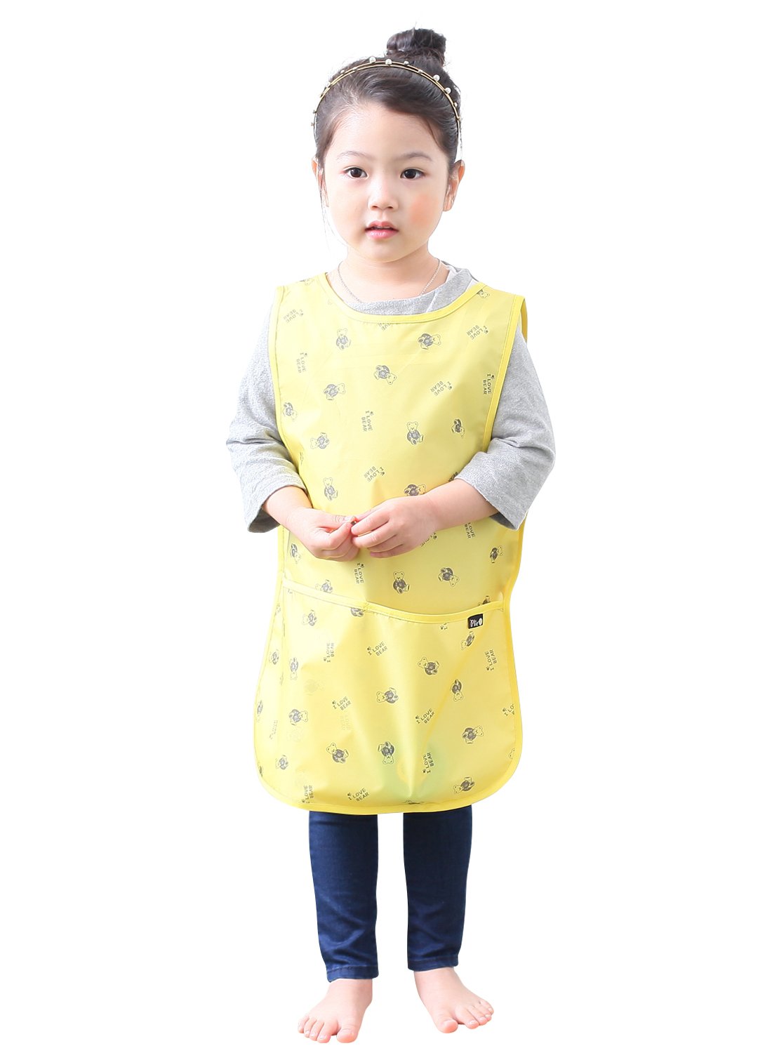 Plie Kids Painting Apron – Waterproof Art Smock for Toddlers & Preschoolers, Messy Play, Baking, Crafts, Cooking, Sensory Activities, Mealtime (Ages 1–10), Yellow Bear (05-XL)