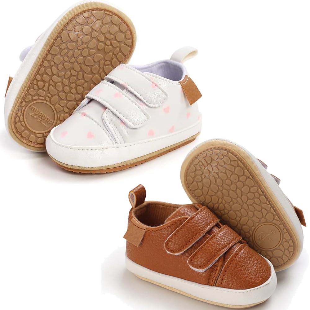 eitwo 2Pairs Baby Shoes,Boys Girls Non-Slip Rubber Sole Sneakers,Unisex Infant Soft First Walking Shoes(2Pairs_Brown+WhiteHeart,6-12 Months)