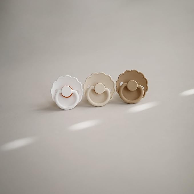 FRIGG Daisy Natural Rubber Baby Pacifier | Made in Denmark | BPA-Free (Aurora/Bright White, 0-6 Months) 2-Pack
