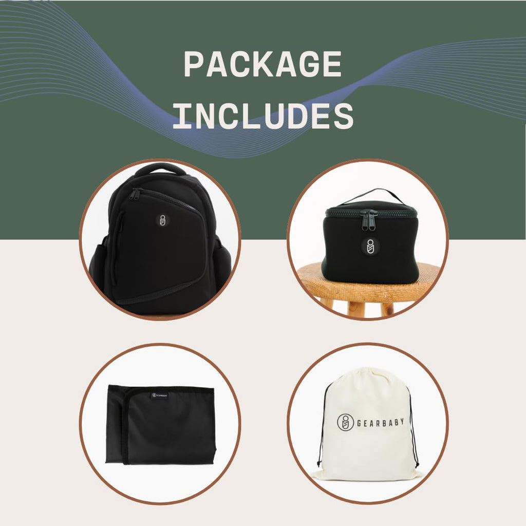 Gearbaby Breast Pump & Diaper bag Compatible with Spectra S1, S2, Medela, Neoprene Wearable Baby Breast Milk cooler Travel Diaper Bag Backpack for Working Mom and Family with Changing Pad (Black)