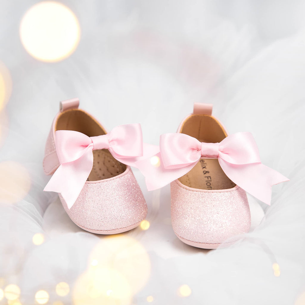 Soft Sole Leather Glitter Light Pink Baby Shoes - Infant Baby Walking Shoes Moccasinss Rubber Sole Crib Shoes(Glitter Light Pink,6-9 Months Infant)