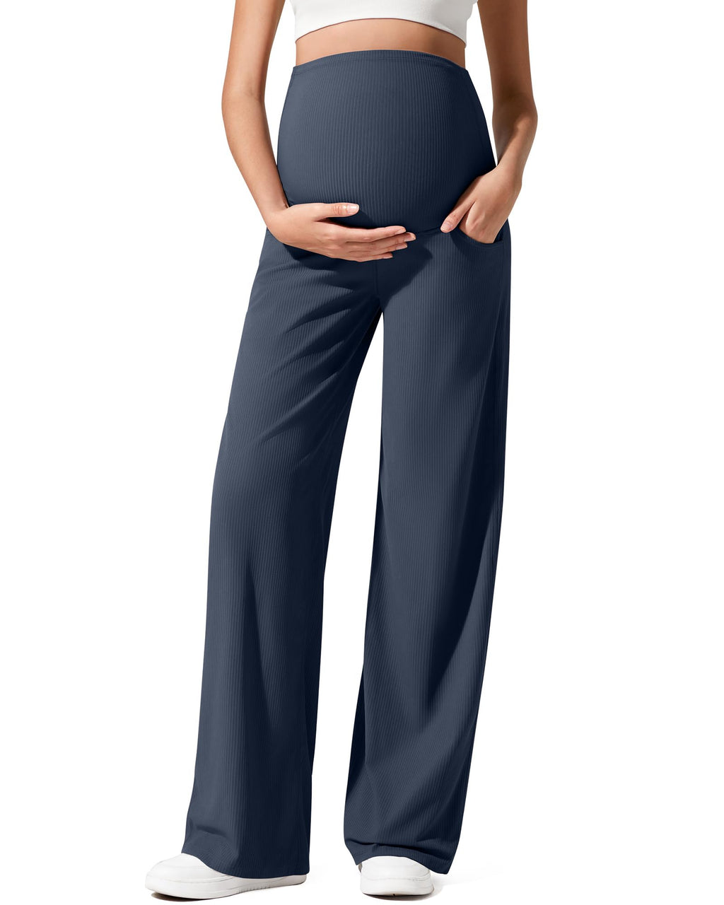 G4Free Maternity Wide Leg Pants Over The Belly Stretchy Lounge Comfy Pregnancy Casual Trousers with Pockets(Dark Navy,S,Regular)