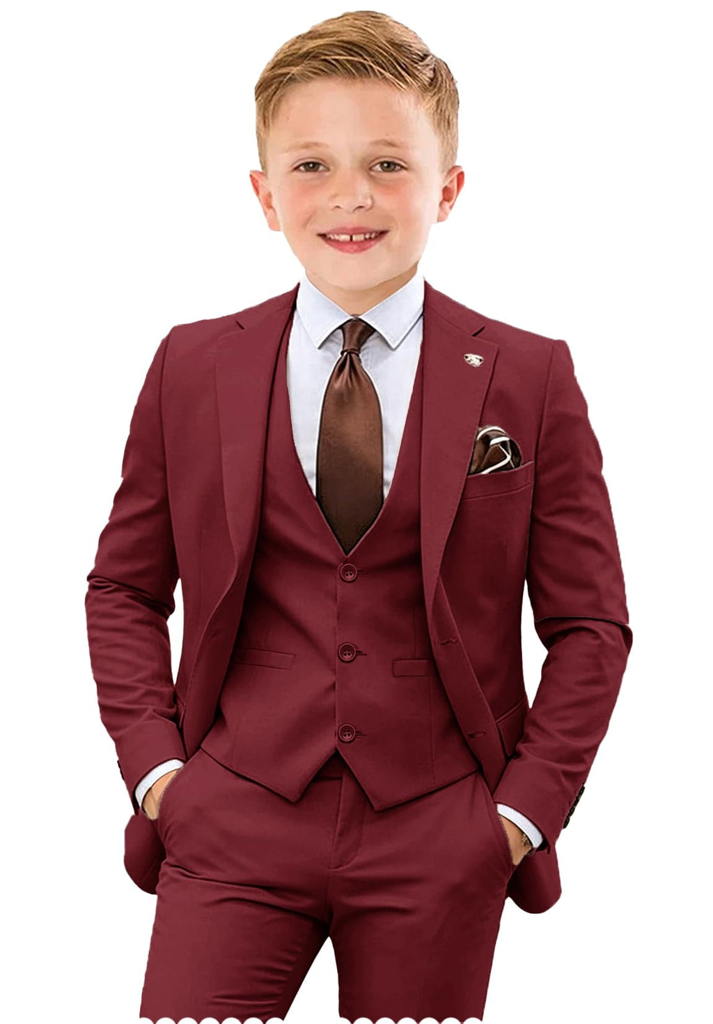 Kids Tuxedo Suit for Boys Slim Fit Formal 4 Piece Burgundy Suit Set Boy Dress Clothes Wedding Ring Bearer Outfit Size 4