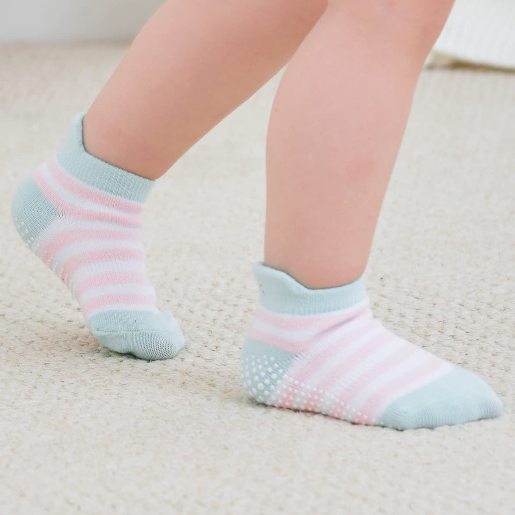 Zaples Baby Girls Non Slip Grip Ankle Socks with Non Skid Soles for Infants Toddlers, Girl Stripes, 6-12 Months