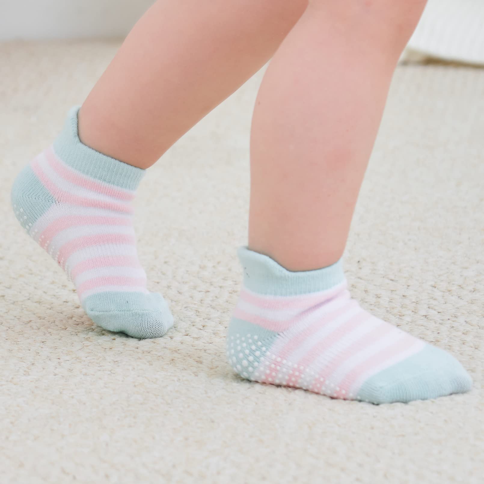 Zaples Baby Girls Non Slip Grip Ankle Socks with Non Skid Soles for Infants Toddlers, Girl Stripes, 6-12 Months