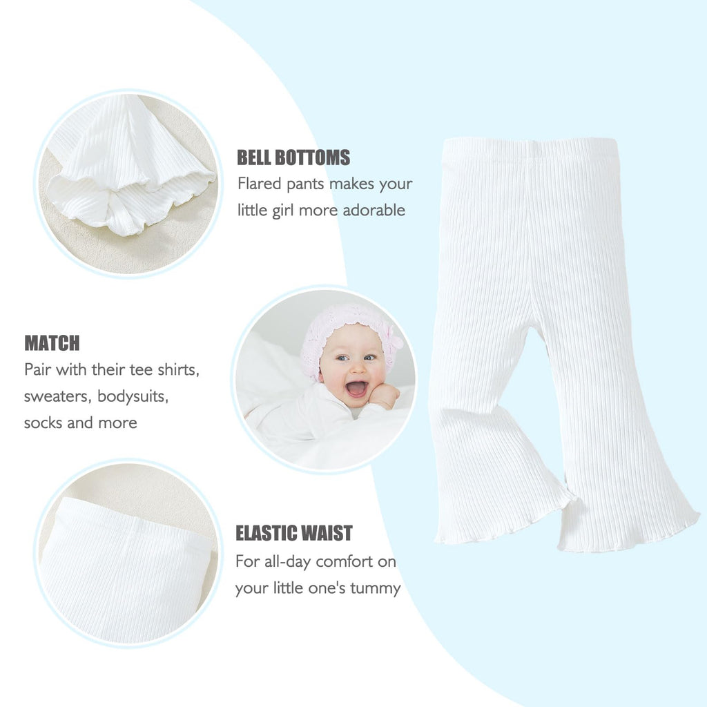SOBOWO Toddler Baby Girl Flare Pants 3 Pack Solid Ribbed Ruffle Bell Bottoms Pants Fall Outfits(Purple/White/Pink, 9-12 Months)
