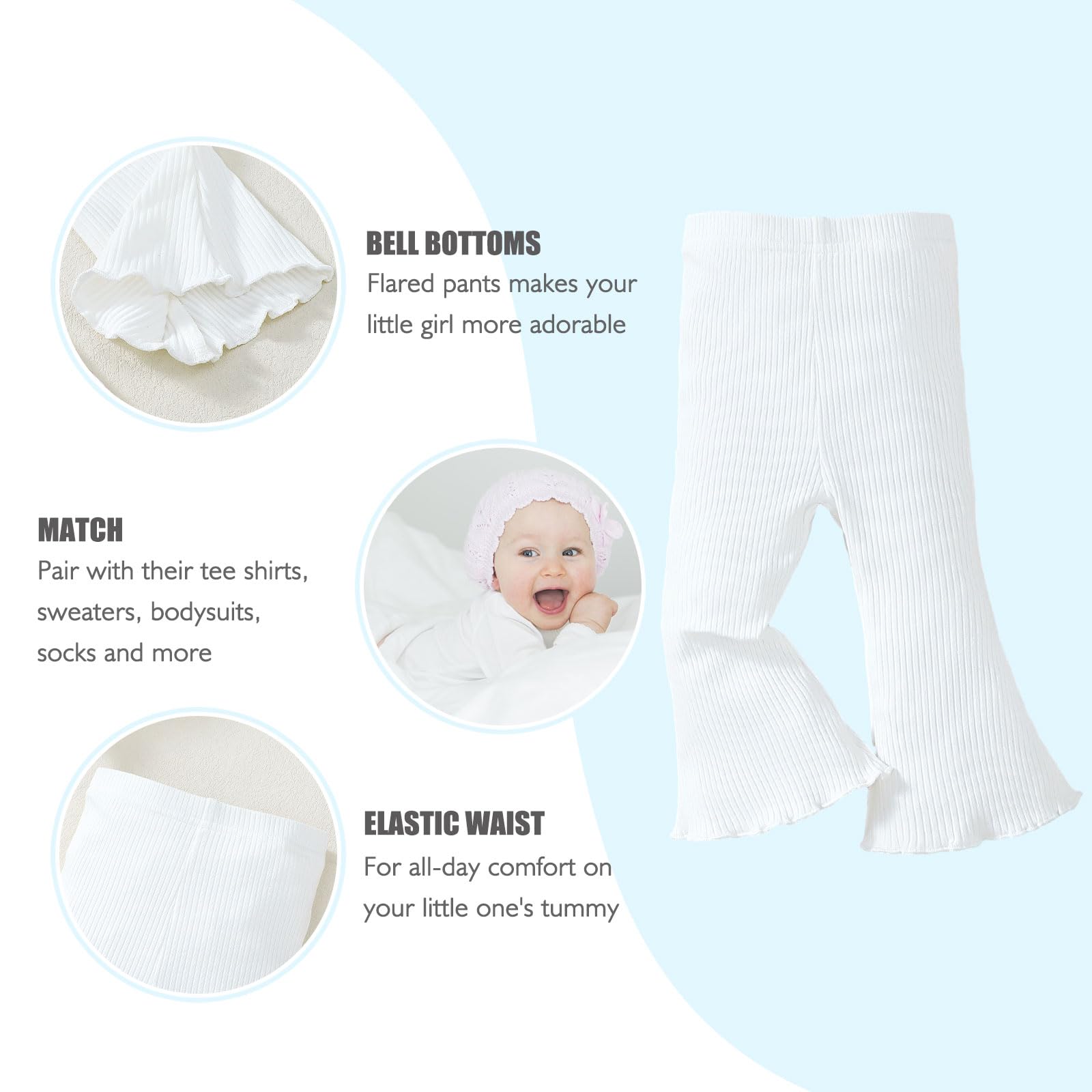 SOBOWO Toddler Baby Girl Flare Pants 3 Pack Solid Ribbed Ruffle Bell Bottoms Pants Fall Outfits(Purple/White/Pink, 9-12 Months)