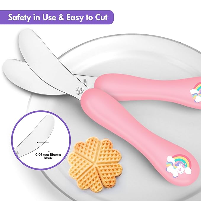 Lehoo Castle 6 Pieces Toddler Utensils, Kids Silverware for 2 3 4 Years Old, Stainless Steel Knife Fork and Spoon Set with Plastic Handle, Safe Toddler Cutlery (Light Pink)