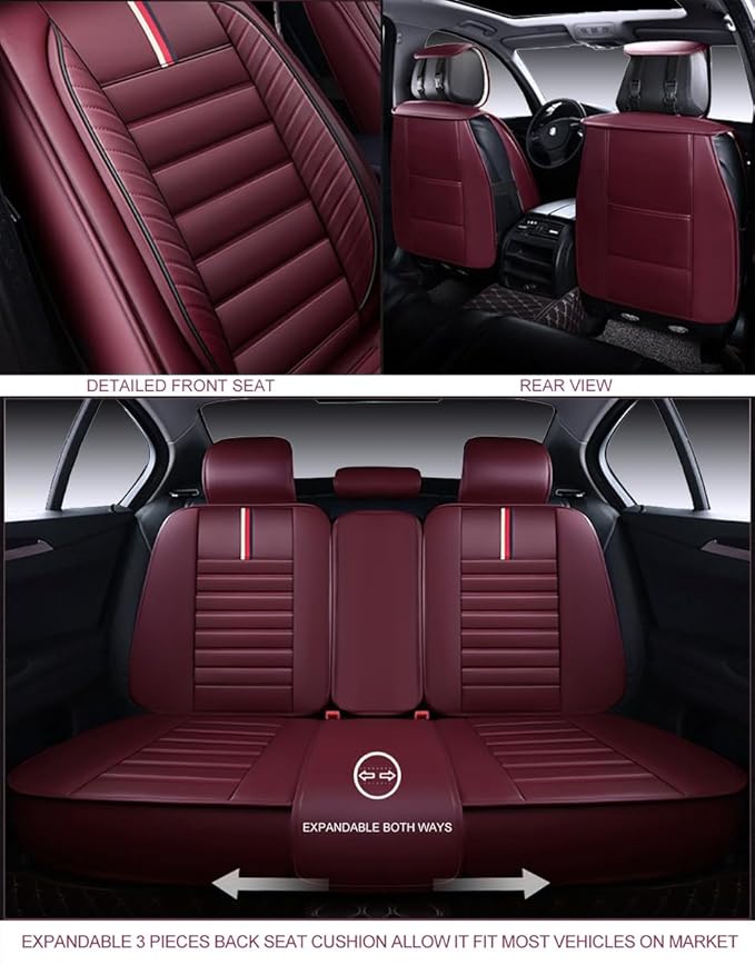 OASIS AUTO Car Seat Covers Premium Waterproof Faux Leather Cushion Universal Accessories Fit SUV Truck Sedan Automotive Vehicle Auto Interior Protector Full Set (OS-001 Burgundy)