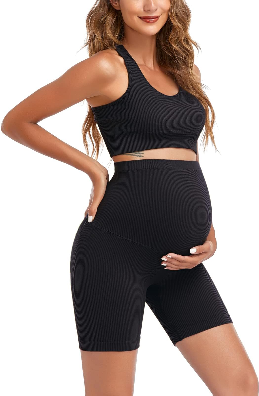 Lataly Women's Maternity 2 Piece Outfit Set - Bra & Shorts for Pregnancy - Yoga workout Lounge Wear Sets