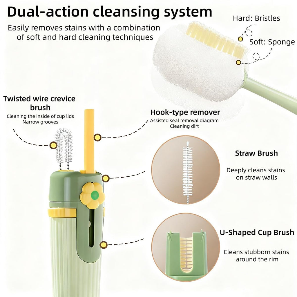 5 in 1 Bottle Cleaning Brush Set, Multifunctional Bottle Cleaning Brush Set, Water Bottle Cleaner Brush, Straw Cleaner Brush for Baby Bottles, 3 Replacement Sponge Brush Heads (White)